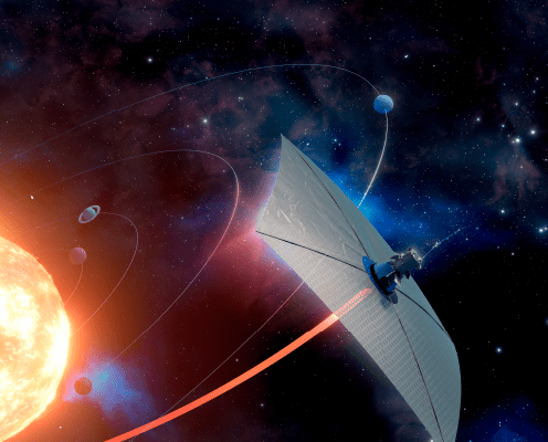 A spacecraft with a large solar sail orbits in deep space near a bright sun, with several planets and their curved orbital paths visible against a colorful cosmic background.
