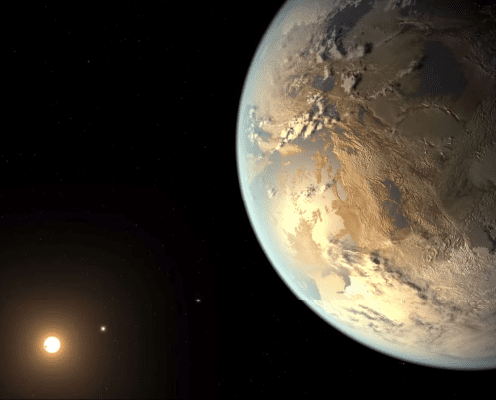 A planet with textured surface patterns is shown on the right, partially illuminated by a distant sun on the left, with two smaller celestial bodies nearby, set against a black space background.