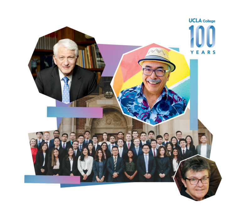 A collage featuring the UCLA College 100 Years logo, three individual portraits (two men, one woman), and a large group photo of smiling people in formal attire posed in front of a building.