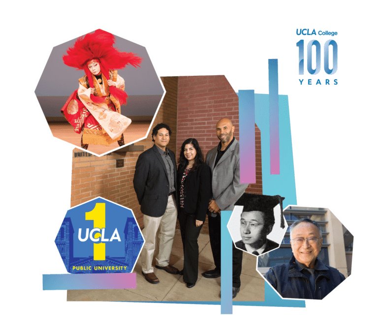 A collage featuring a Japanese performer, three people in business attire, a UCLA #1 ranking badge, a portrait of a young man in graduation cap, and an older person smiling. Text: UCLA College 100 Years.