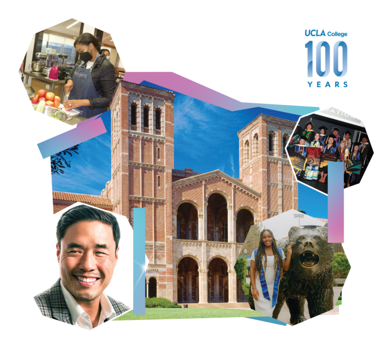 Collage featuring UCLA’s Royce Hall, a smiling man, a woman in graduation attire beside the Bruin Bear statue, a chef preparing food, and a group of students. Text reads “UCLA College 100 Years.”.
