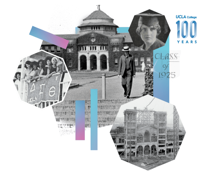 A collage celebrating 100 years of UCLA College featuring old campus buildings, students in sorority shirts, a person in 1920s attire, a woman in graduation cap, and the text “Class of 1925” and “UCLA College 100 Years.”.
