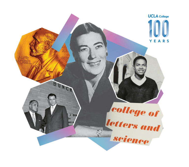 A collage celebrating 100 years of UCLA College, featuring historic photos, a Nobel Prize medal, diverse individuals, and the text college of letters and science in orange on a geometric pastel background.