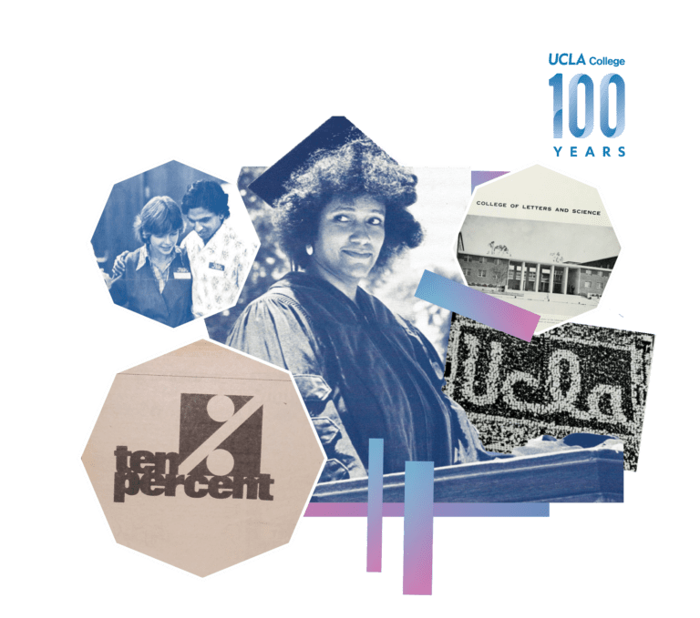 Collage with vintage photos of people, a UCLA college building, a “ten percent” logo, and a stylized “UCLA” graphic. Text reads “UCLA College 100 Years.” Blue and purple gradients accent the image.
