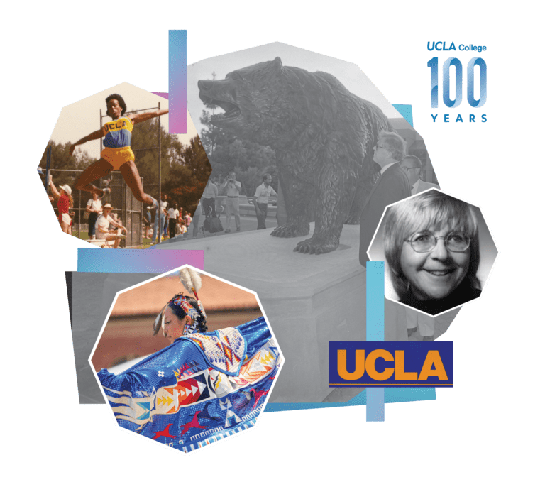 A collage celebrating UCLA’s 100 years, featuring a student athlete pole vaulting, a bear statue, a portrait of a woman in glasses, and a person in colorful traditional attire, with the UCLA logo and 100 Years text.