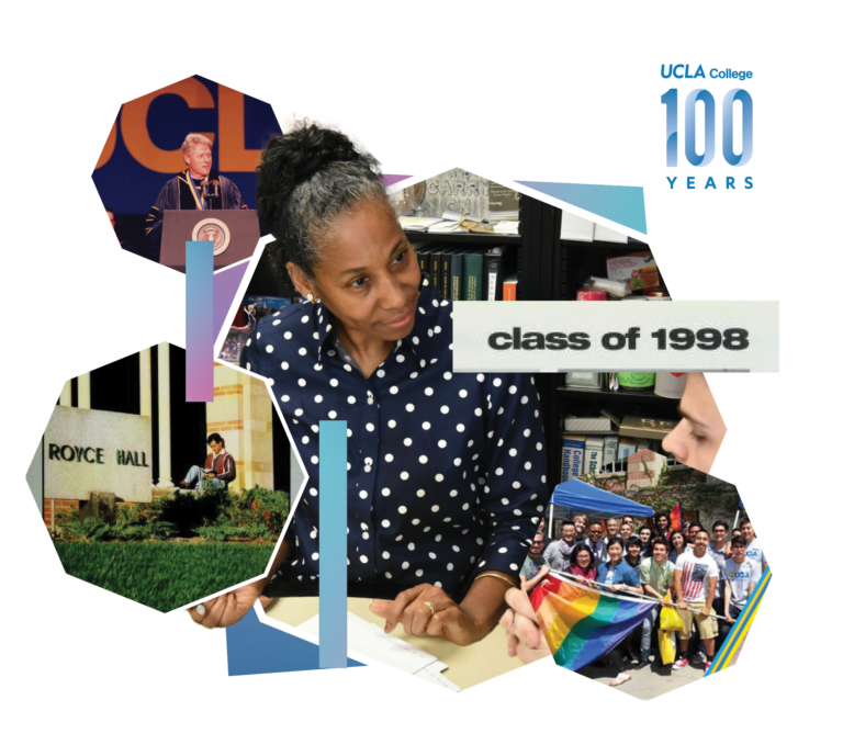 A collage celebrating UCLA College’s 100 years, featuring a woman in a polka dot shirt, a graduation speaker, Royce Hall, a class of 1998 sign, and a group of people holding a rainbow pride flag.