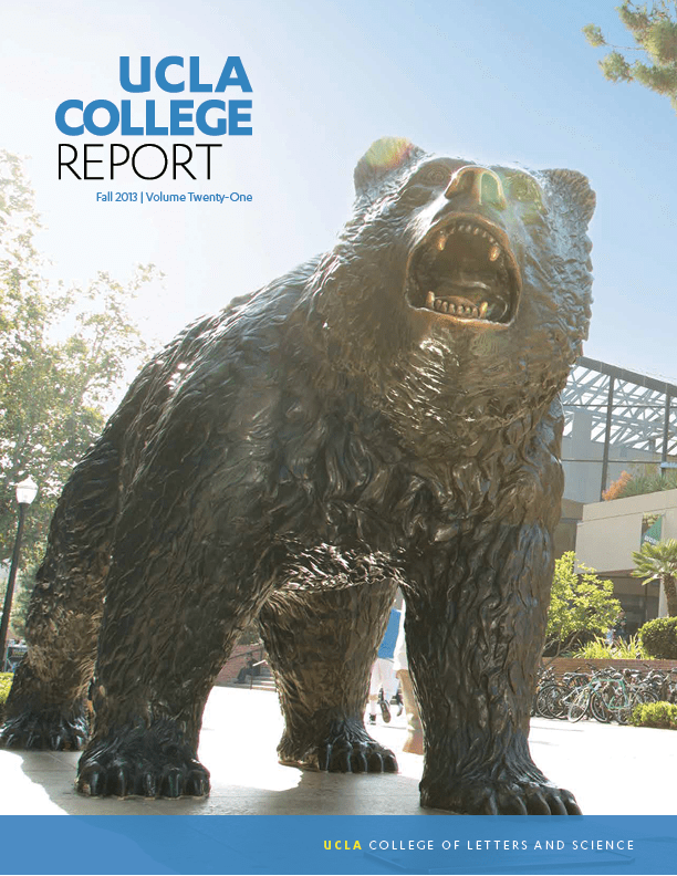A bronze bear statue stands outdoors on the UCLA campus under sunlight, with trees, blue sky, and campus buildings in the background. The cover reads UCLA College Report, Fall 2018, Volume Twenty-One.