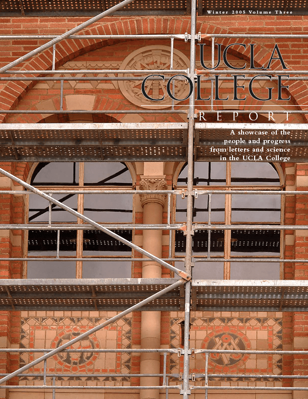 Scaffolding covers part of a decorative brick building facade with arched windows. UCLA College Report and other text are overlaid at the top right of the image.
