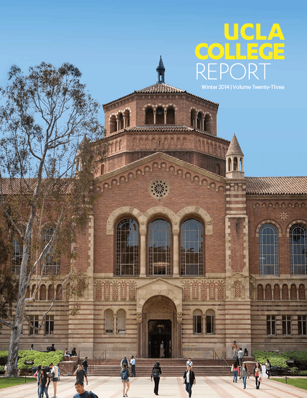 The cover of the UCLA College Report magazine shows Royce Hall, a historic brick building on the UCLA campus, with students walking and sitting outside. The title UCLA College Report appears in yellow and white text at the top right.