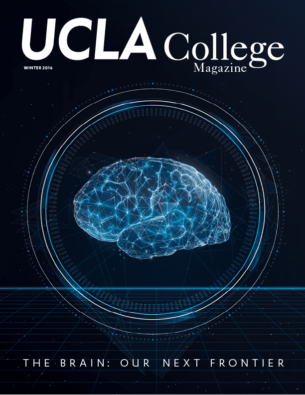 Cover of UCLA College Magazine featuring a glowing, blue digital illustration of a brain surrounded by circular lines and network connections. Text at the bottom reads: The Brain: Our Next Frontier.