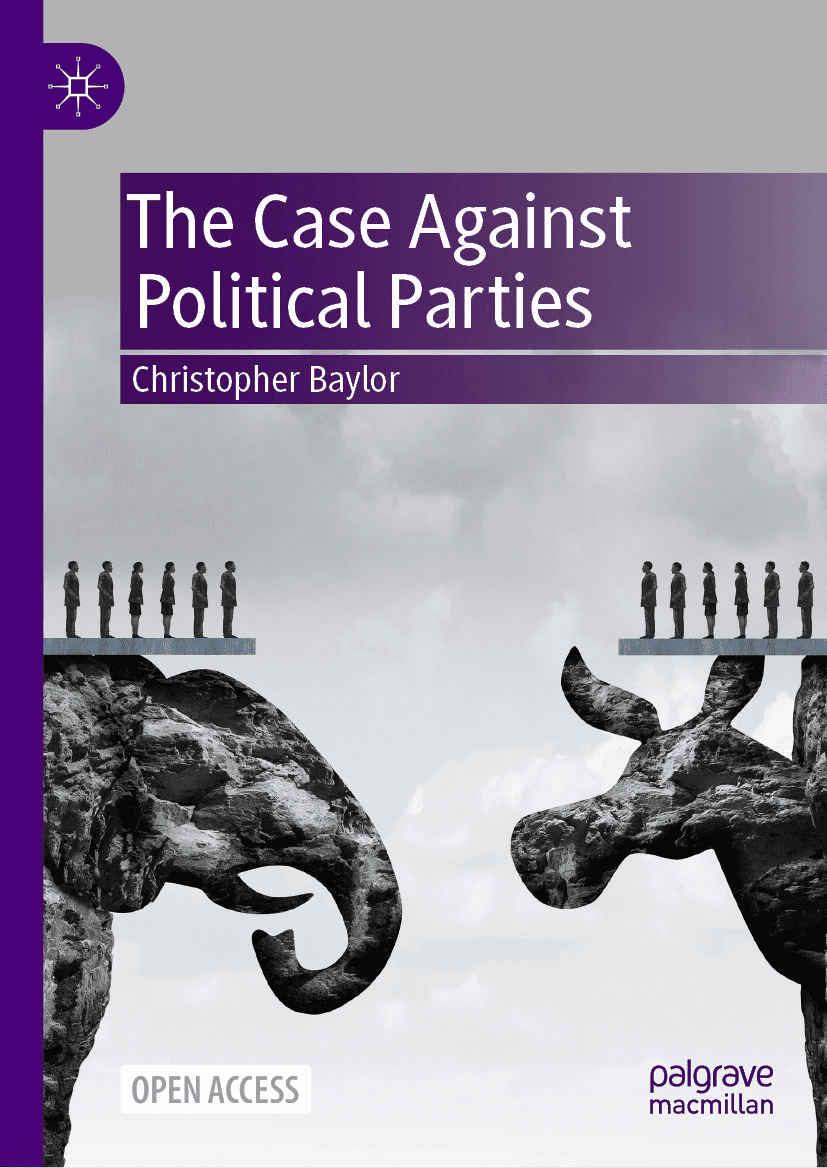 Book cover for The Case Against Political Parties by Christopher Baylor, featuring two groups of people standing on cliffs shaped like an elephant and a donkey facing each other.