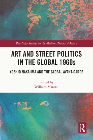 Book cover for Art and Street Politics in the Global 1960s, featuring bold black title text on a red and white background, overlaid on an abstract, colorful blue and orange textured design.