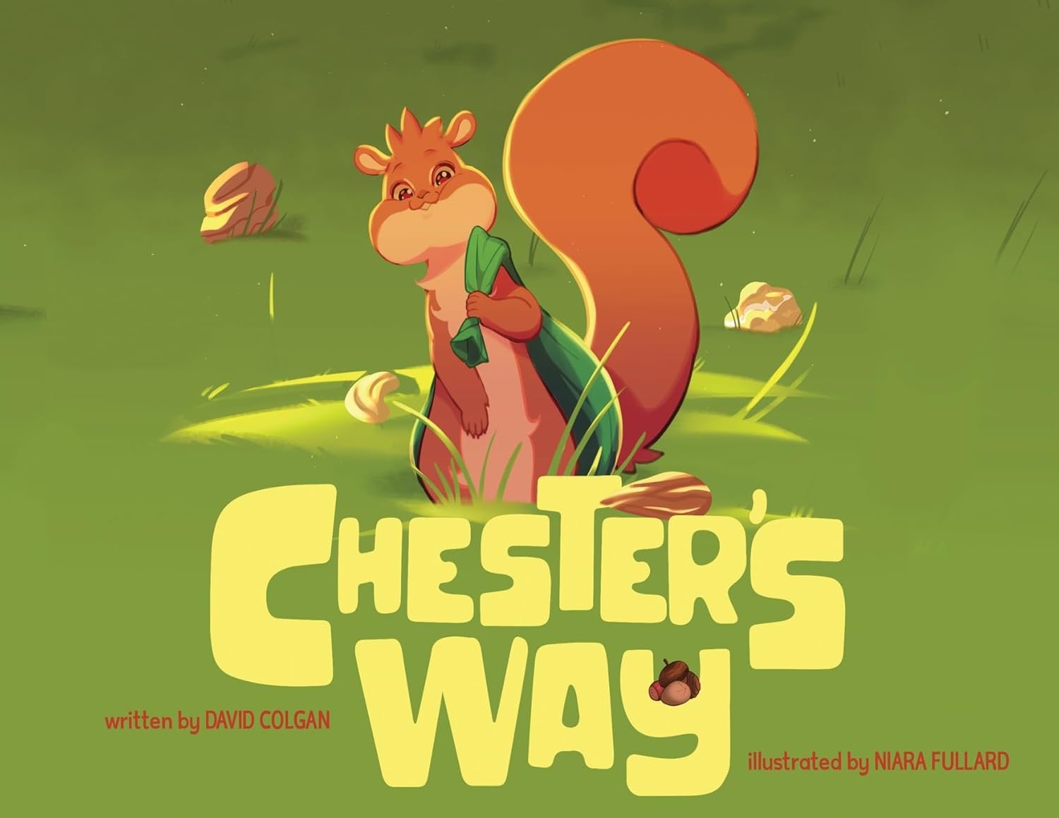 Illustration of a red squirrel holding a green acorn, sitting in grass beside mushrooms. Large yellow text reads Chesters Way beneath the squirrel. The background is green with a playful, cartoonish style.