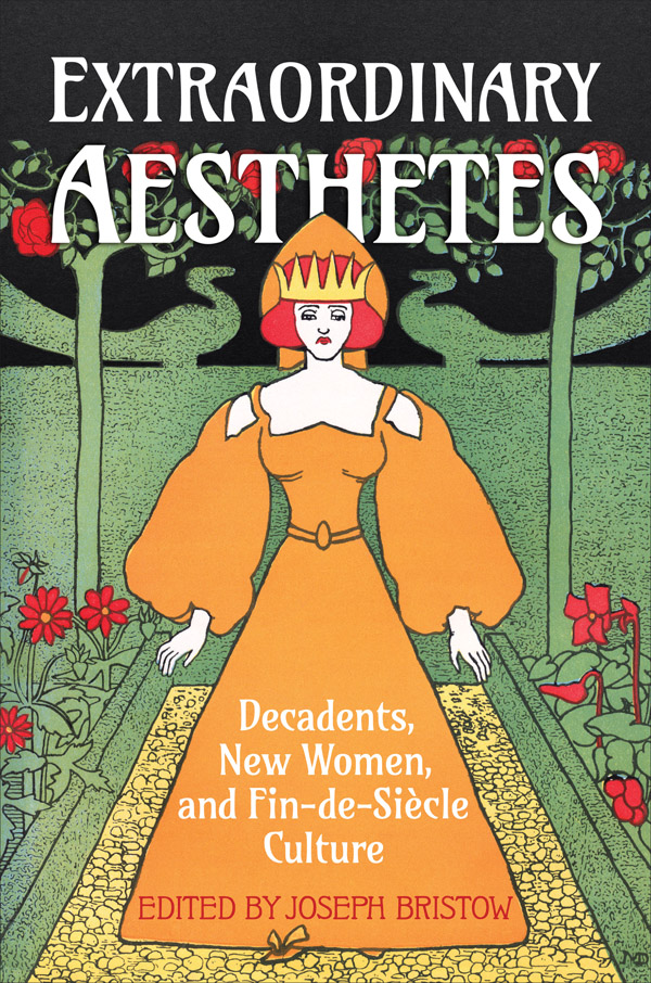 A stylized book cover featuring a woman in a flowing orange dress and headdress, standing on a path in a green garden. The title reads Extraordinary Aesthetes with additional text underneath and floral designs surrounding her.