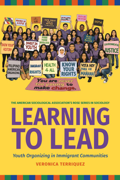 A diverse group of young people hold colorful signs with messages like Know Your Rights, Invest in Youth, and Justice. The book title Learning to Lead is in large text below them.