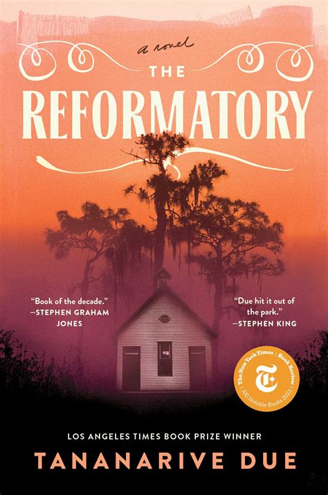 Book cover for The Reformatory by Tananarive Due, featuring an illustration of a small white building with a tree behind it, set against an orange and pink sunset sky with ghostly eyes above.