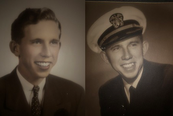 Two photos of William Reilly, one where he wears a U.S. Navy cap.