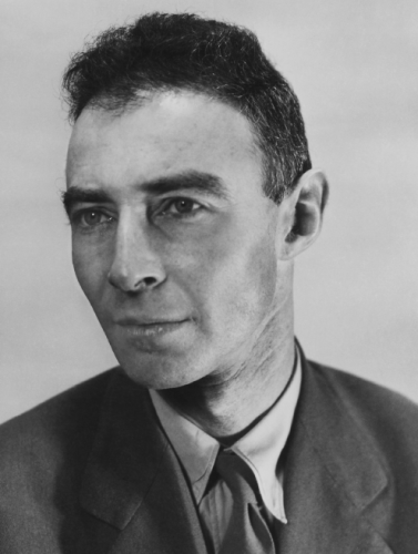 A black and white photo depicting a headshot of Robert Oppenheimer